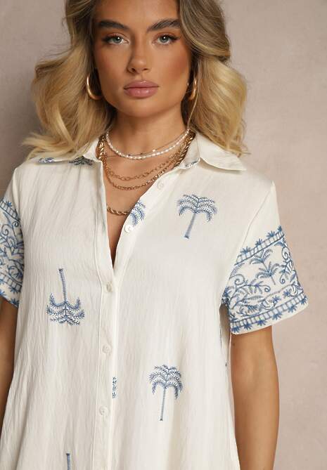 Biała Sukienka z Wiskozą o Pudełkowym Kroju z Kołnierzykiem z Haftem Sanavelle