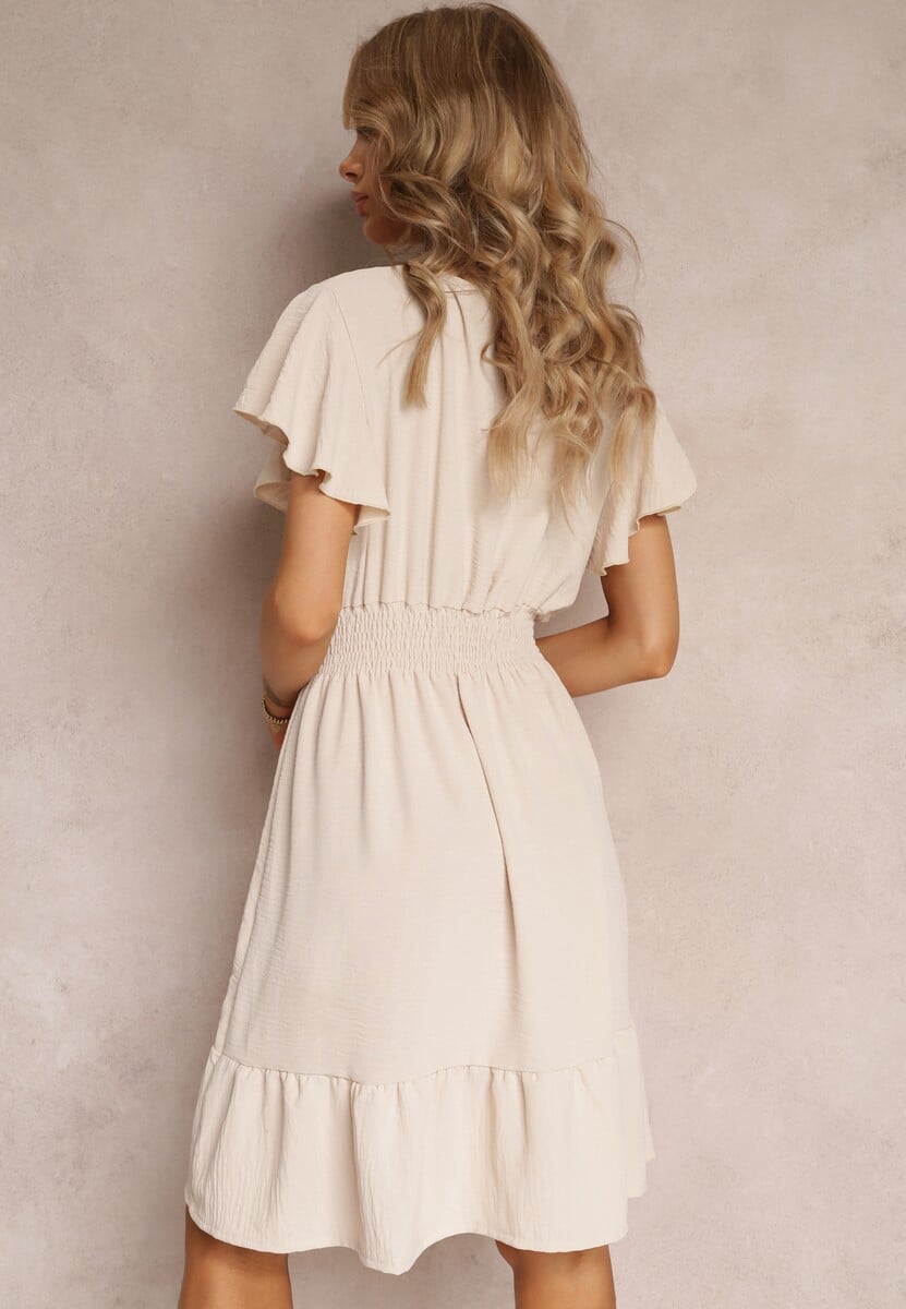 Jasnobeżowa Sukienka z Falbankami i Marszczoną Gumką w Talii Edenia