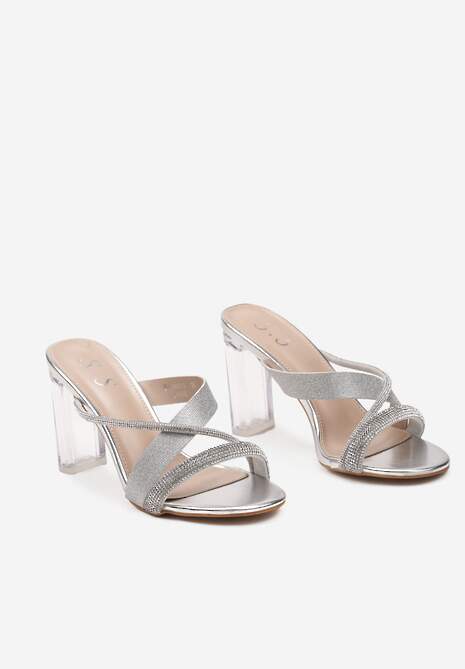 Srebrne Klapki Ozdobione Brokatem i Cyrkoniami z Przezroczystym Obcasem Kavinia