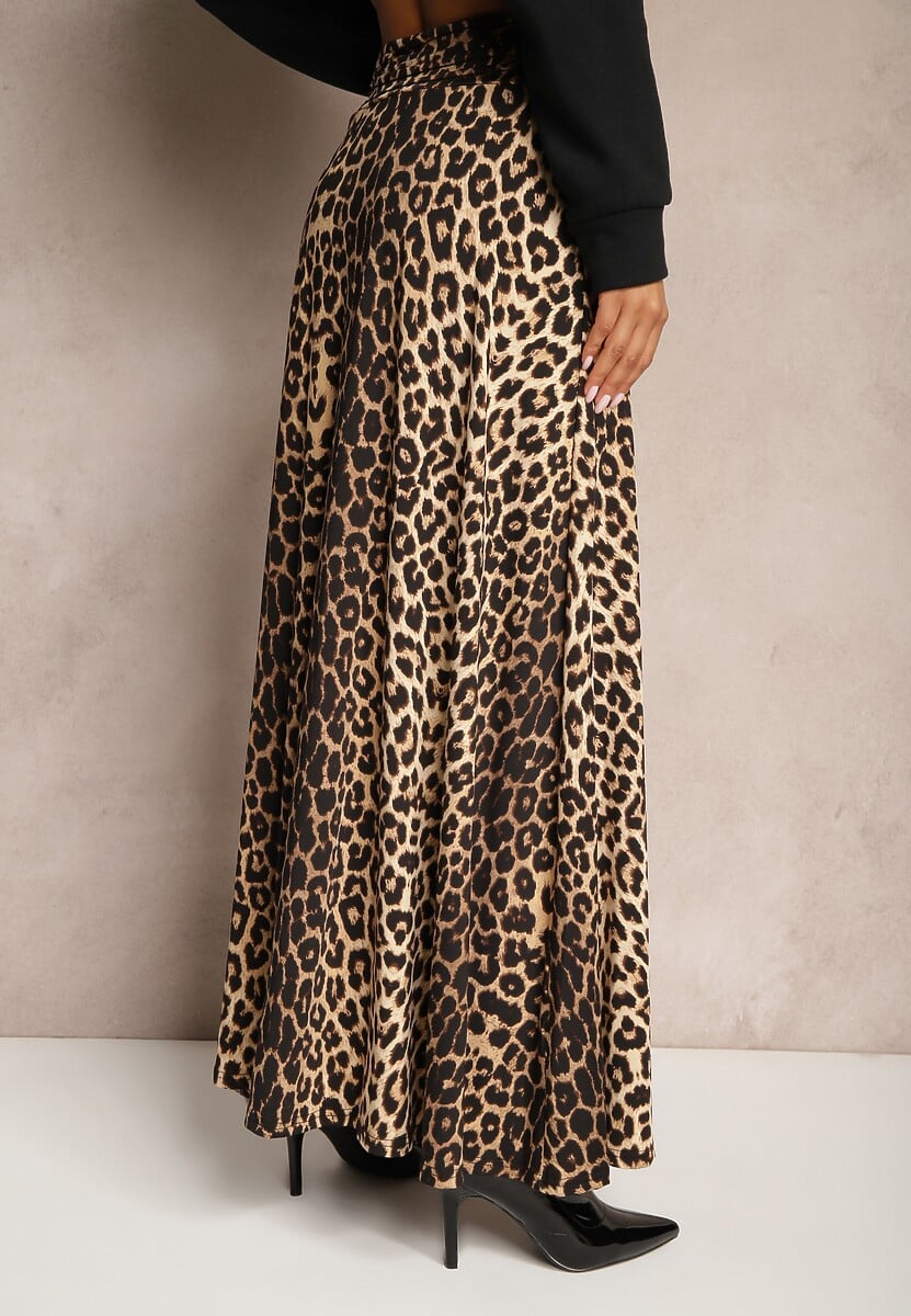 Brązowa Rozkloszowana Spódnica w Panterkę High Waist z Marszczeniem w Pasie Nolisea