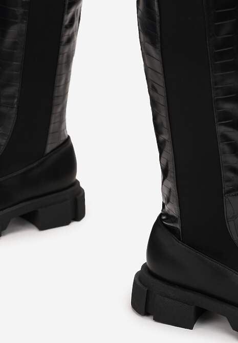 Czarne Kozaki na Grubej Podeszwie z Tłoczeniem Skóry Krokodyla Ombroce