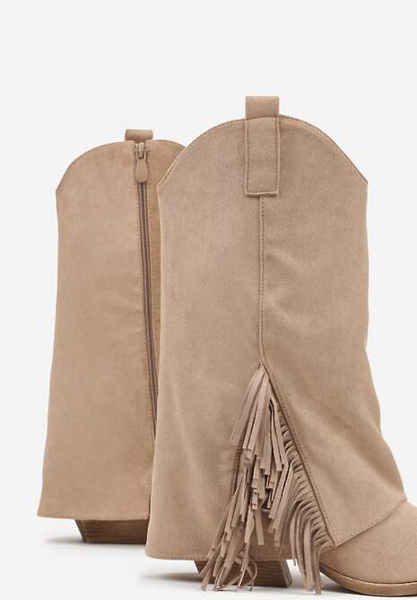 Ciemnobeżowe Botki Kowbojki na Stożku Ozdobione Frędzlami Reielle