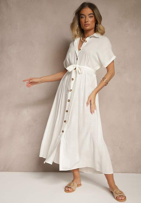 Biała Sukienka Koszulowa z Wiskozą i Lnem Ozdobiona Paskiem Lunie