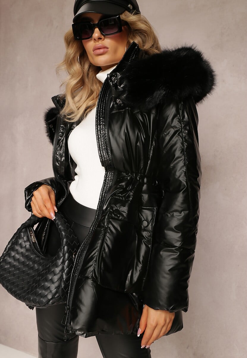 Czarna Kurtka z Kieszeniami i Metalicznym Blaskiem oraz Odpinanym Kapturem Lefexa