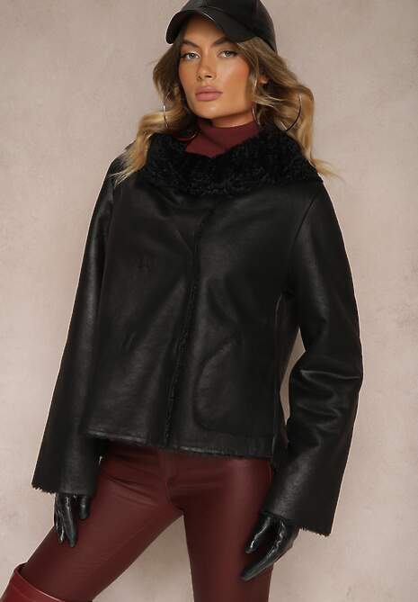Czarna Pudełkowa Kurtka Biker z Szerokim Kołnierzem i Futrzaną Wyściółką Lioiala