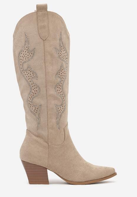 Ciemnobeżowe Kozaki Kowbojki na Stożkowym Obcasie Zdobione Cyrkoniami Nalasania