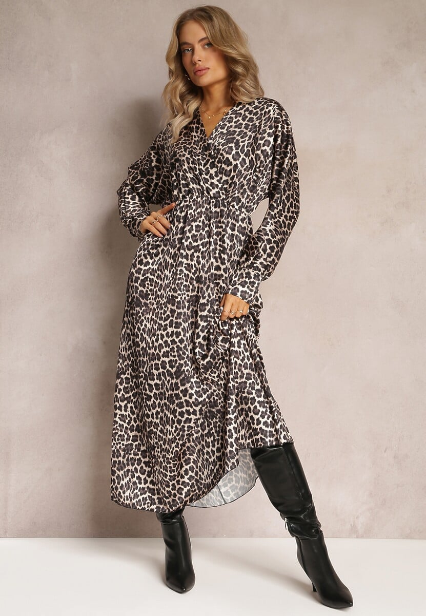 Czarno-Beżowa Sukienka Rozkloszowana z Gumką w Pasie Philida