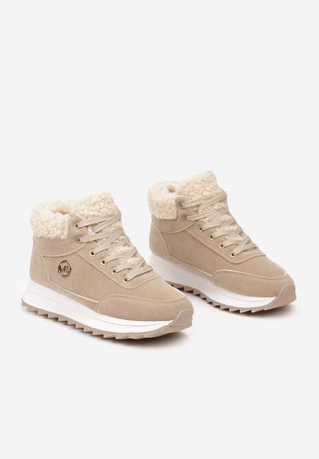 Ciemnobeżowe Sneakersy z Ekozamszu z Futrzaną Wyściółką Etaylla