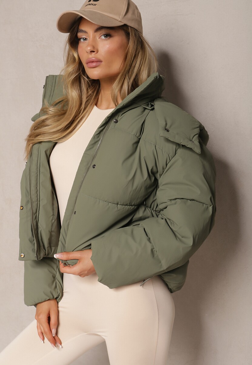 Ciemnozielona Kurtka z Pikowaniem i Odpinanym Kapturem oraz Wysokim Kołnierzem Merians