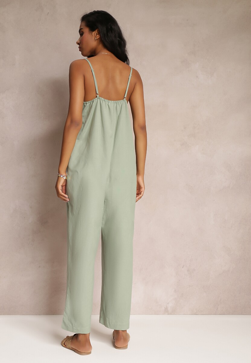 Zielony Kombinezon na Regulowanych Ramiączkach z Długimi Nogawkami z Bawełny Myrcela