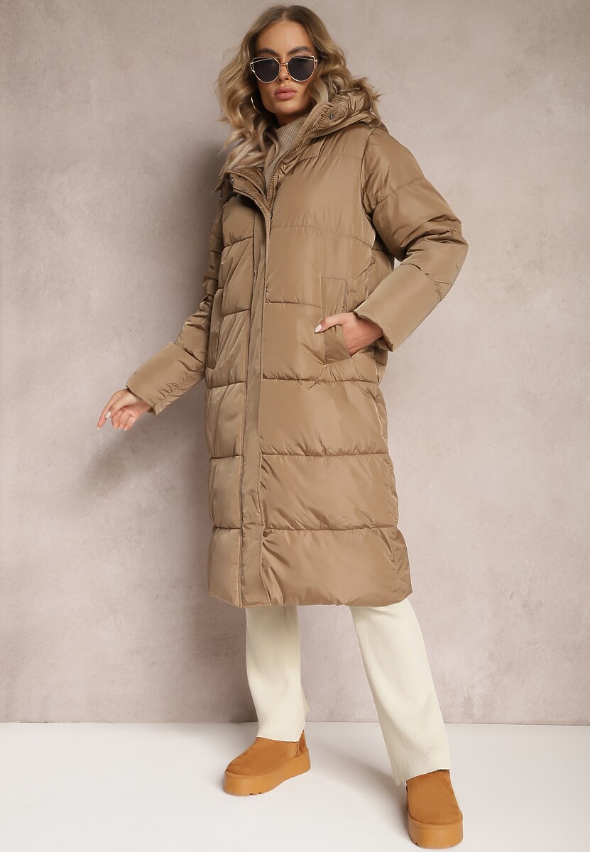 Brązowa Kurtka za Kolano Pikowana z Kapturem Nafesa