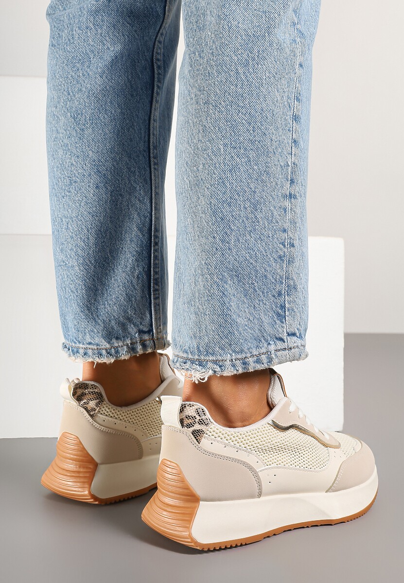 Beżowe Sneakersy Ozdobione Geometrycznym Motywem Calgis