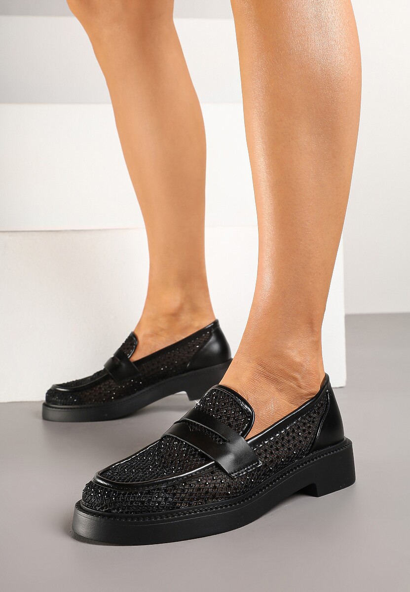 Czarne Mokasyny przed Kostkę Ozdobione Cyrkoniami i Siateczką Senareth