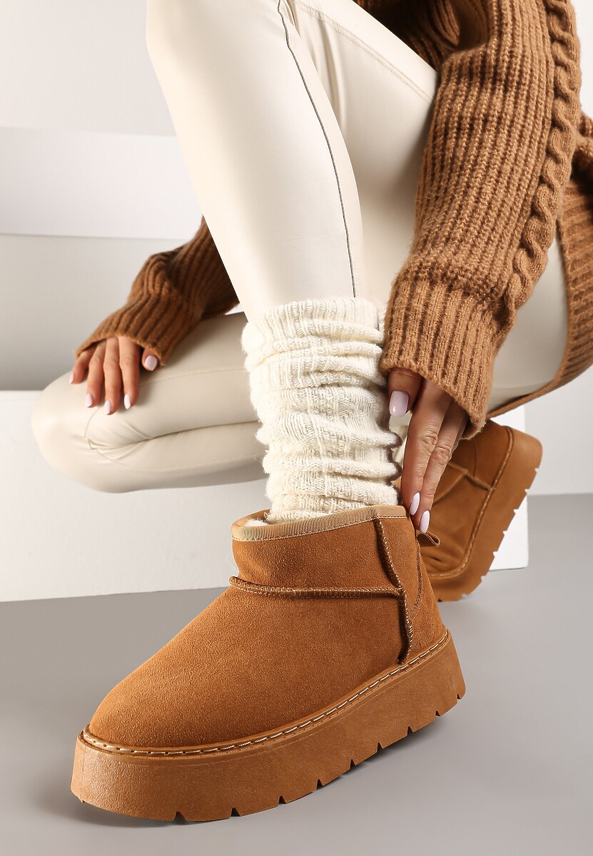 Brązowe Niskie Śniegowce ze Skóry Naturalnej Mocno Ocieplane Rialithe