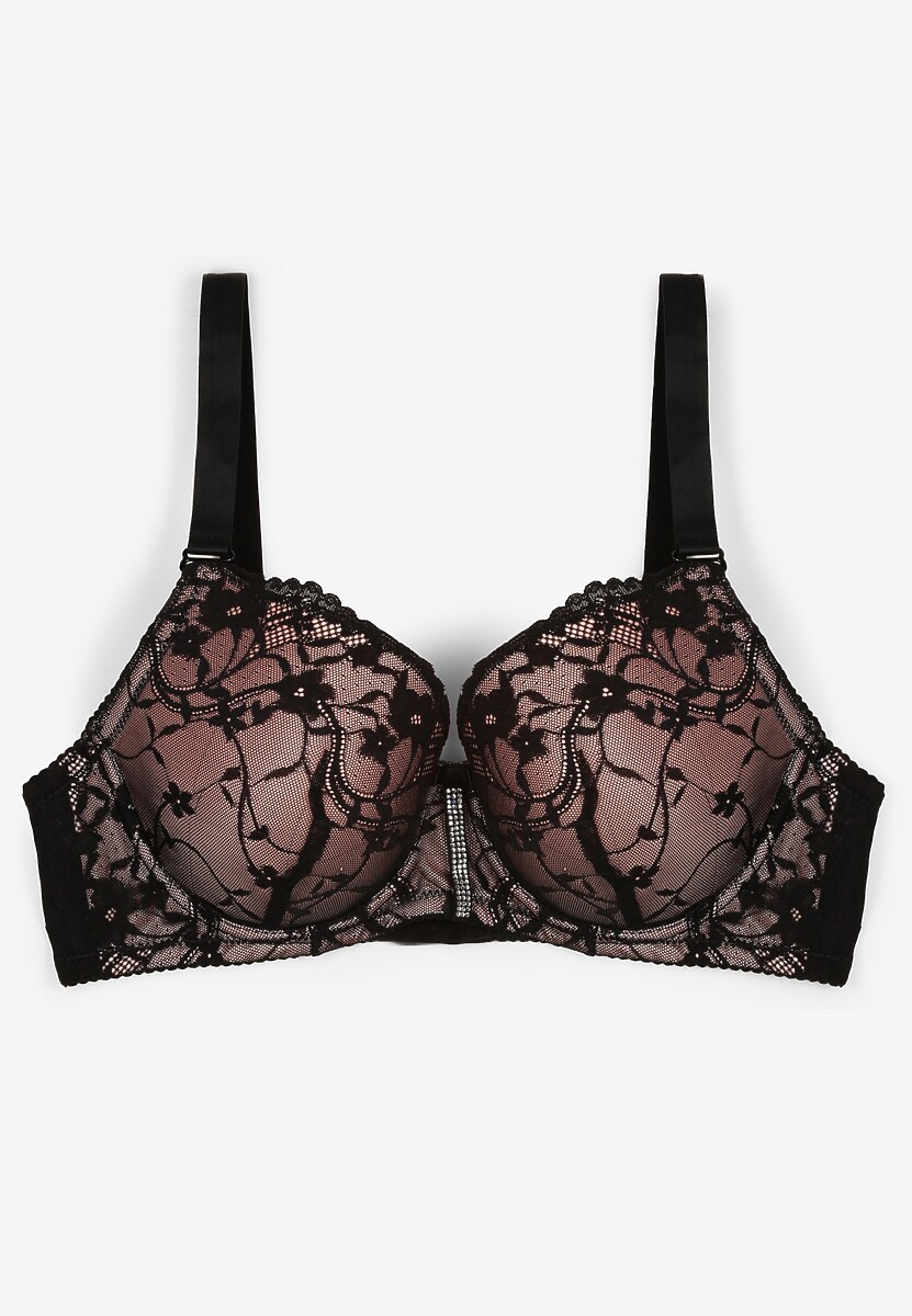 Czarno-Różowy Biustonosz z Koronką i Paskiem z Cyrkonii Katielle