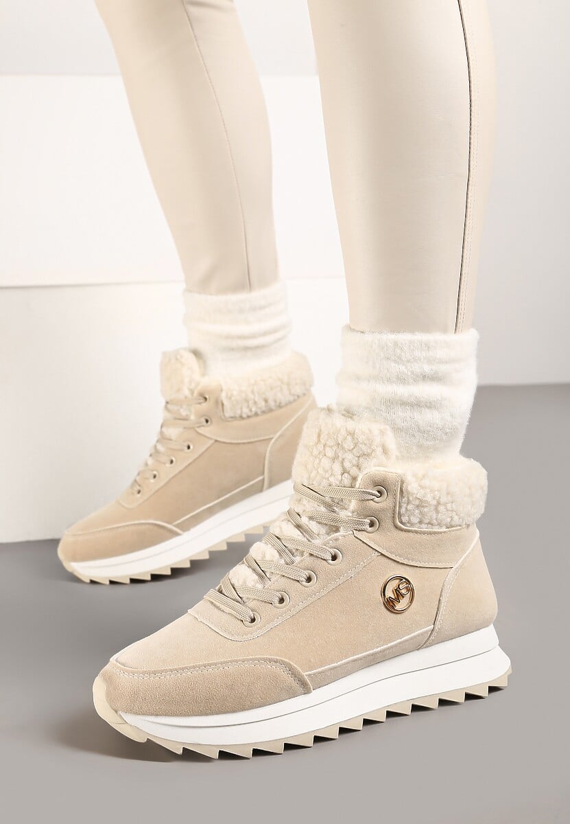 Beżowe Zimowe Sneakersy ze Sztucznym Futerkiem Turelia