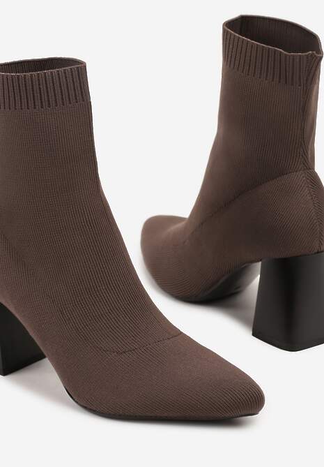 Brązowe Botki Vices na Słupku ze Skarpetową Cholewką Adanelle