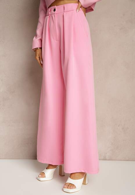 Różowe Szerokie Spodnie High Waist o Garniturowym Kroju z Zakładkami Uliadorea