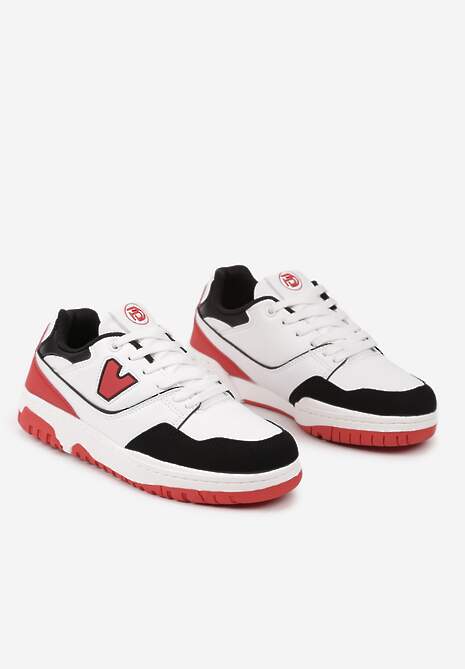Biało-Czerwone Sneakersy Sznurowane z Aplikacją na Boku i Przeszyciami Irilian