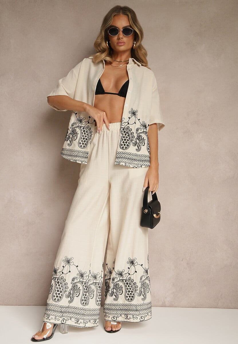 Beżowy Wiskozowy Komplet z Kwiatowym Zdobieniem Koszula i Szerokie Spodnie Mevilene