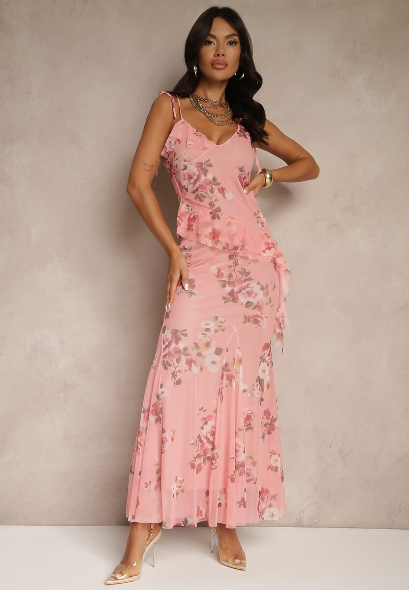 Czarny Komplet w Kwiatowy Wzór Spódnica i Top Zdobiony Falbanami i Wiązaniem Saraveira