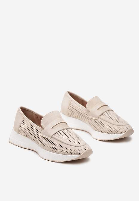 Beżowe Ażurowe Półbuty Mokasyny na Niewysokiej Platformie Zuni