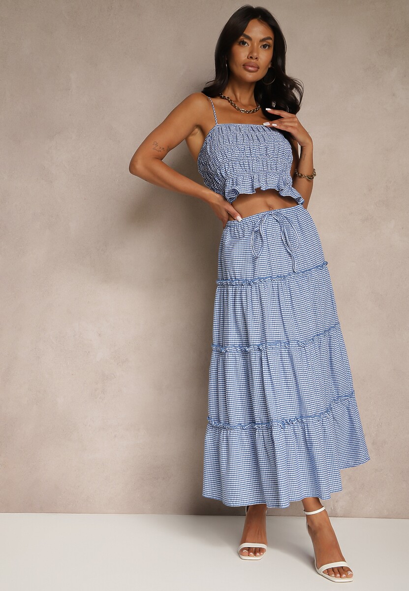 Niebieski Komplet z Bawełny w Kratkę Vichy Top i Spódnica z Falbankami Frosirae