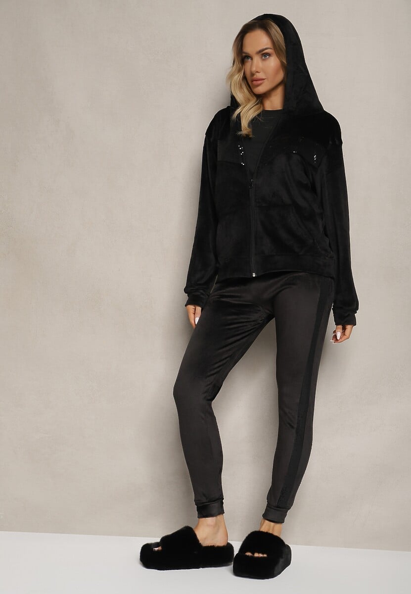 Czarny Komplet Dresowy 2-Częściowy Bluza z Kapturem i Cekinami i Spodnie na Gumce Colan