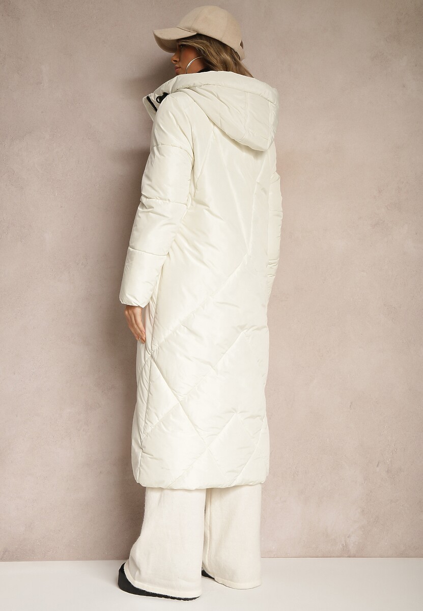 Biała Pudełkowa Kurtka o Długim Kroju z Pikowanymi Przeszyciami Kapturem i Kieszeniami Calatta