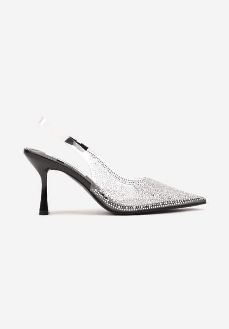 Czarne Przezroczyste Sandały na Obcasie z Odkrytą Piętą i Cyrkoniami Neliri