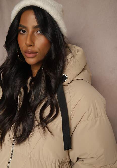 Beżowa Długa Kurtka Pikowana z Kapturem Serea