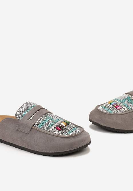 Szare Klapki Mule z Koralikami na Zakrytym Nosku Aserhia