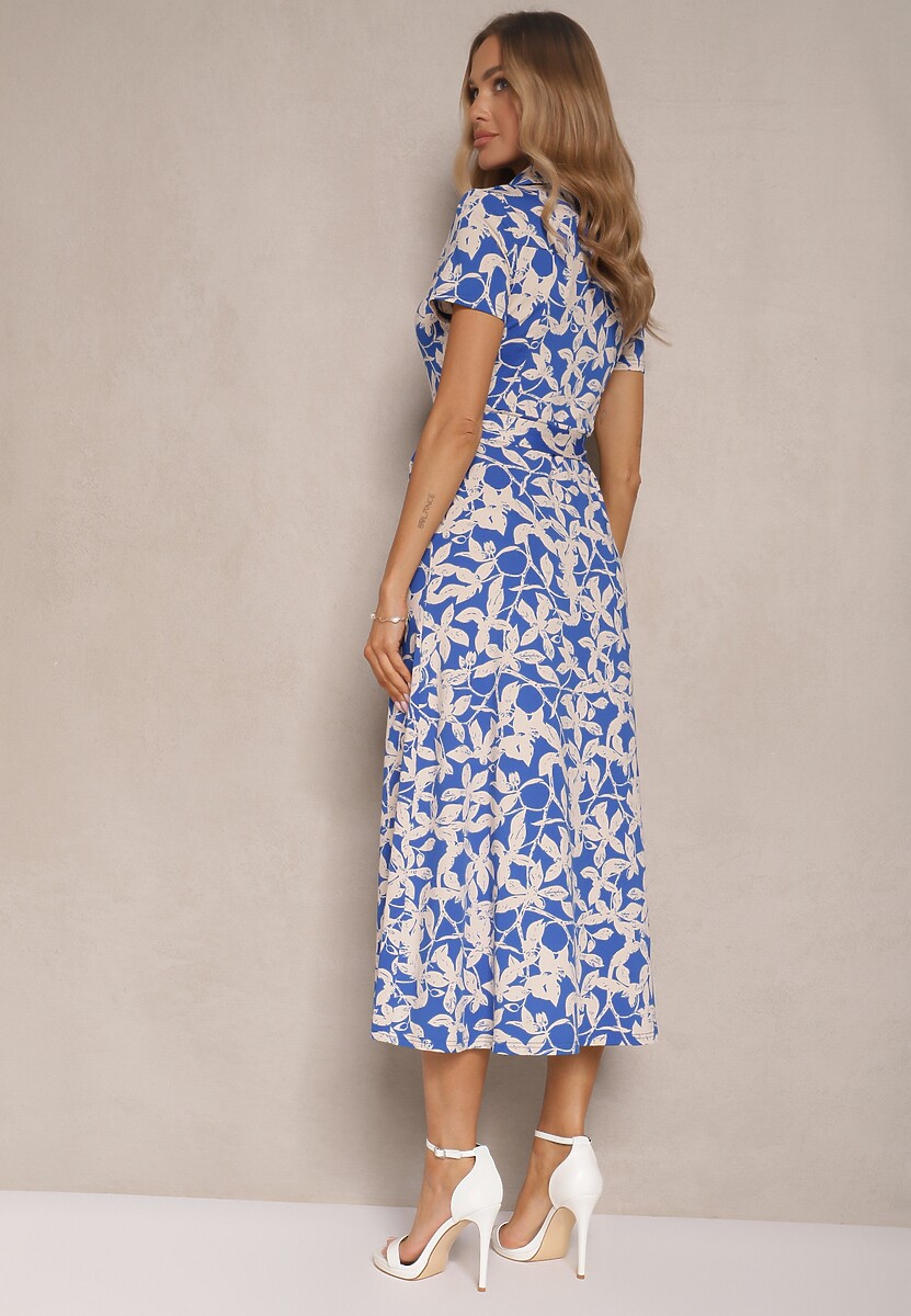 Niebieska Kwiecista Sukienka z Wiskozą o Koszulowym Kroju z Wiązanym Paskiem Zeranella