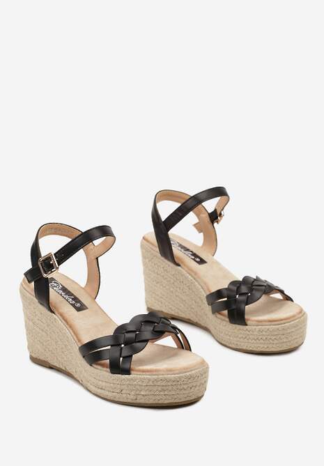Czarne Sandały z Plecionymi Paskami i Sprzączką na Platformie i Koturnie Irevaptia
