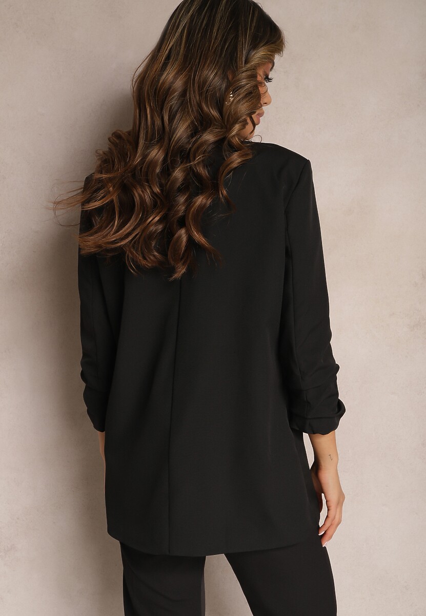 Czarna Marynarka Niezapinana z Marszczonymi Rękawami Orolea