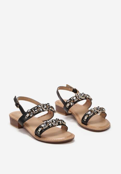 Czarne Sandały z Kolorowymi Kryształkami i Płaską Podeszwą Dcantha