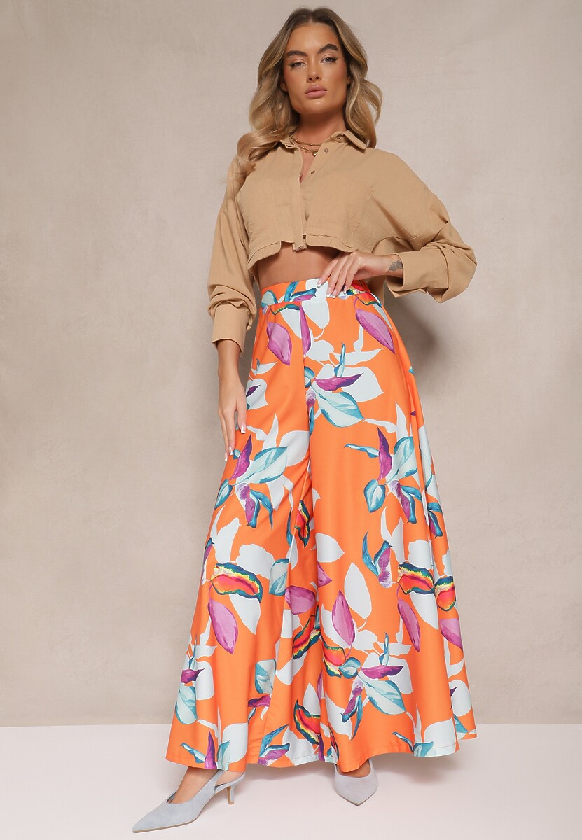 Pomarańczowe Szerokie Spodnie z Wiskozy w Kwiatowy Wzór Sariena