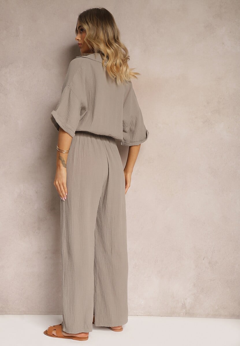 Ciemnobeżowy Taliowany Kombinezon z Bawełny Góra w Formie Koszuli oraz Luźne Spodnie Namsorin