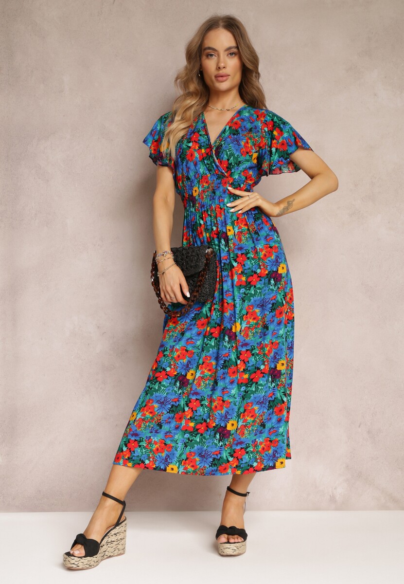 Niebieska Rozkloszowana Sukienka Maxi z Gumką w Pasie z Wiskozy Femia