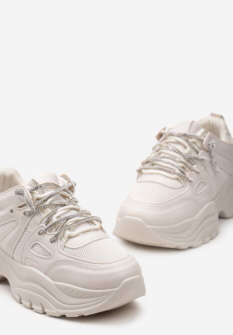Beżowe Sneakersy na Nieregularnej Grubej Podeszwie z Cyrkoniami  Adirka