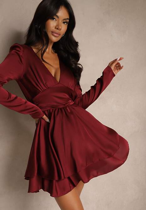 Bordowa Satynowa Sukienka Mini z Falbankami i Paskiem z Tyłu w Talii Catriona