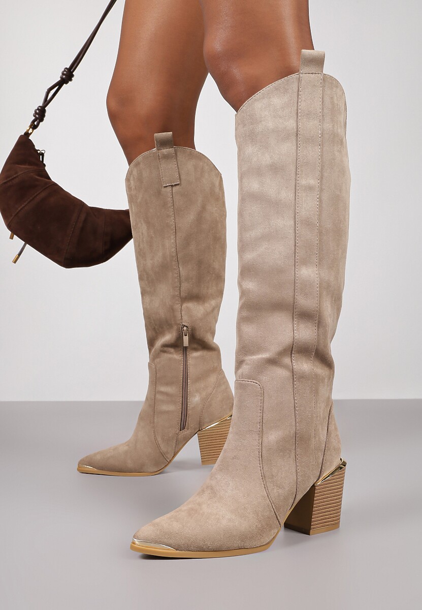 Beżowe Kozaki Kowbojki przed Kolano z Metalicznym Noskiem Caspianna