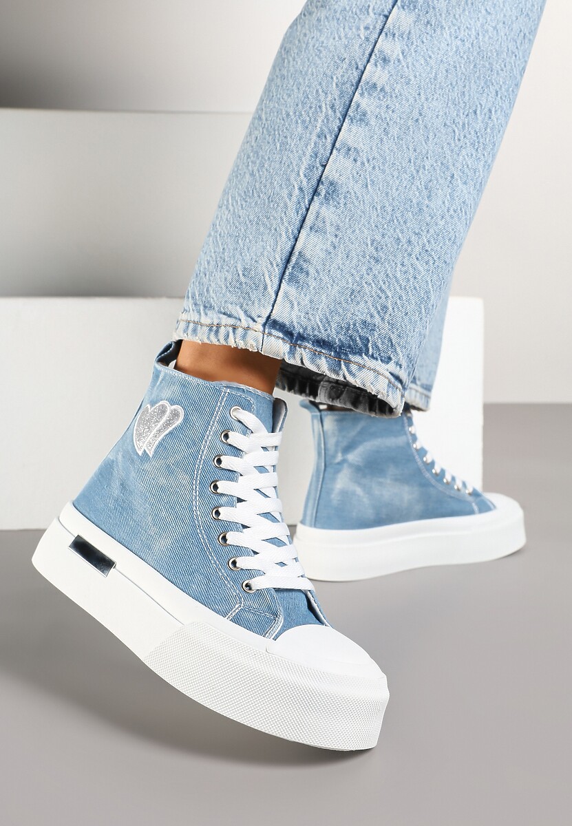 Jasnoniebieskie Trampki na Platformie z Wysoką Cholewką z Haftem z Brokatem Elanitha