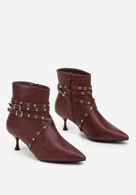 Bordowe Botki na Niskim Obcasie z Ozdobnymi Paseczkami z Nitami i Sprzączkami Lobelina