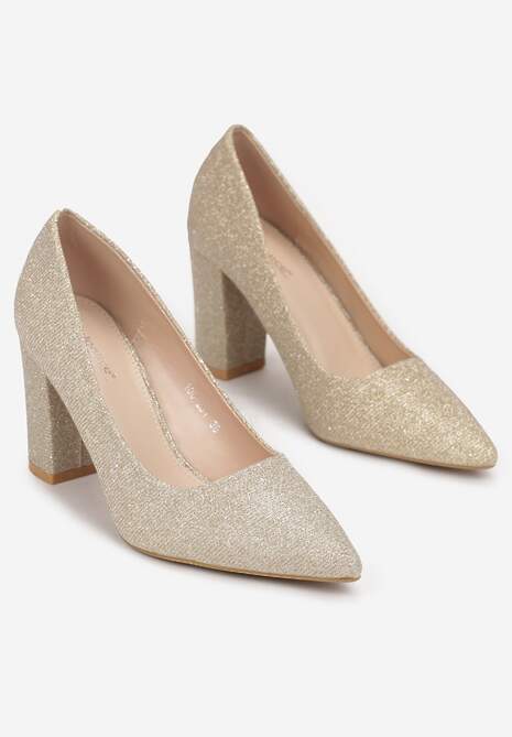 Złote Brokatowe Czółenka na Obcasie z Noskiem w Szpic Navo