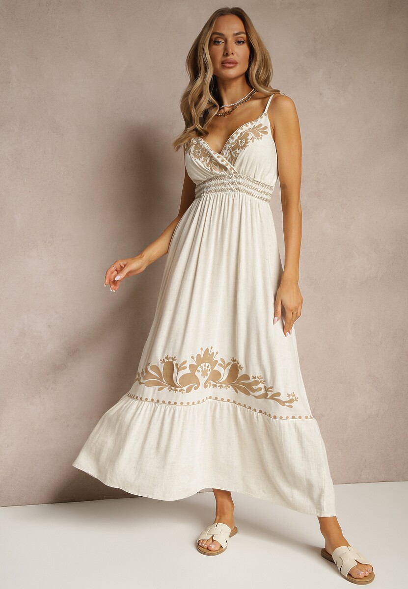 Beżowa Sukienka z Wiskozą i Lnem z Kopertowym Dekoltem Ozdobiona Haftem Sollio