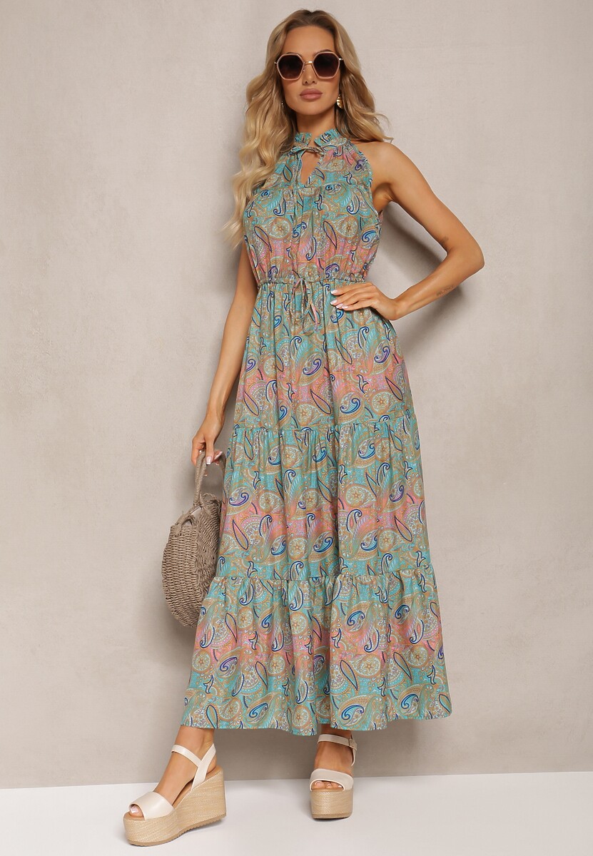 Niebiesko-Zielona Sukienka w Stylu Boho Bez Rękawów z Gumką w Pasie i Wiązaniem przy Dekolcie Yisa