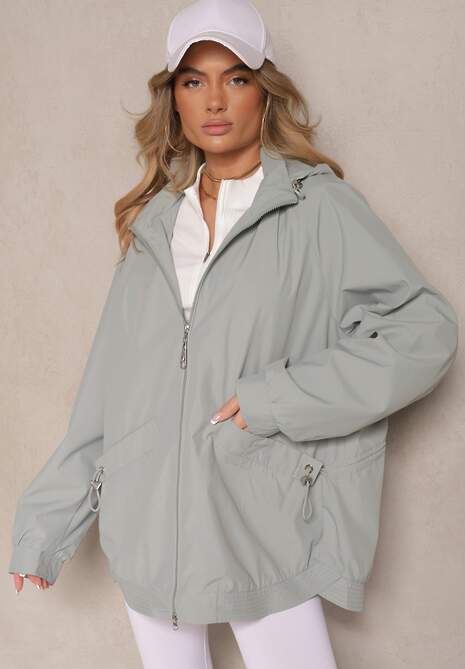 Jasnozielona Pudełkowa Kurtka o Kroju Parki ze Ściągaczem i Kapturem Sesailis