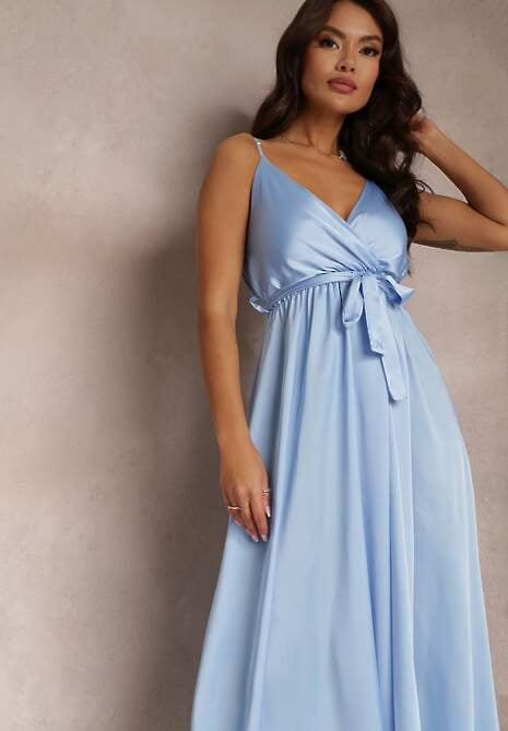 Jasnoniebieska Koktajlowa Sukienka z Gumką w Pasie na Regulowanych Ramiączkach Anajane