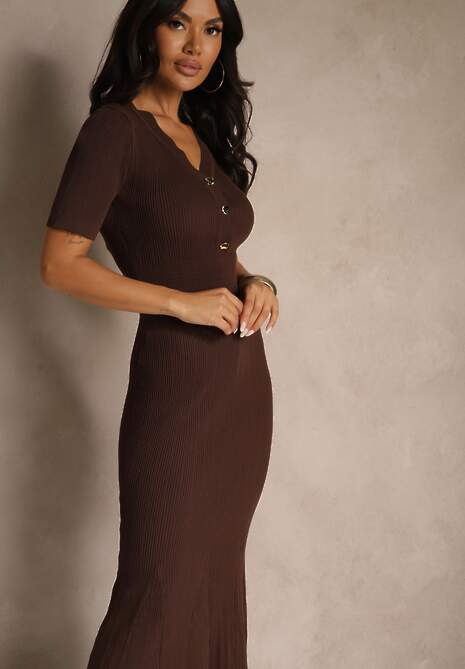 Brązowa Taliowana Sukienka z Dzianiny z Wiskozą z Guzikami przy Dekolcie Fenittia